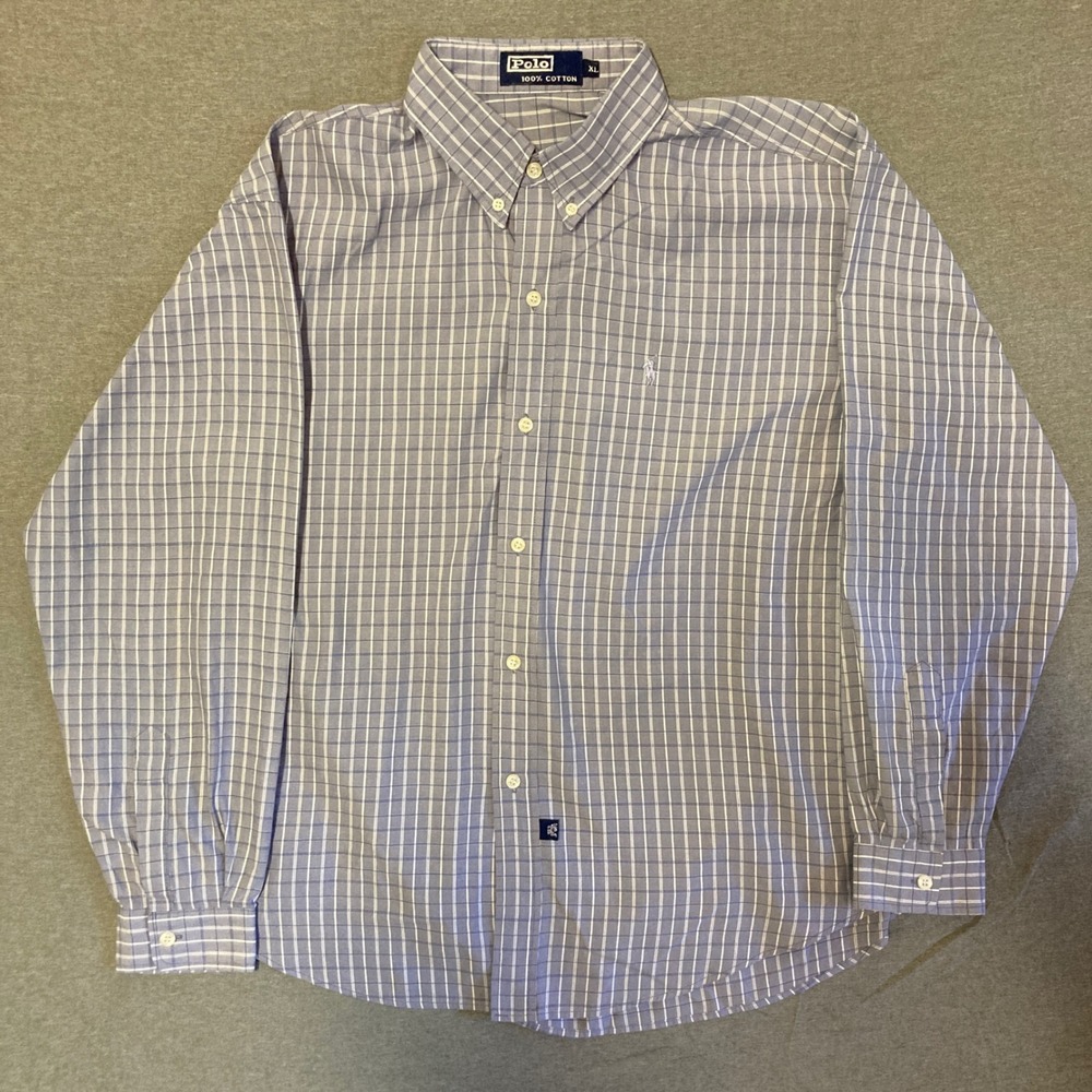 Polo Ralph Lauren Mens XL Blue White Plaid Cotton Button Down Long Sleeve Shirt